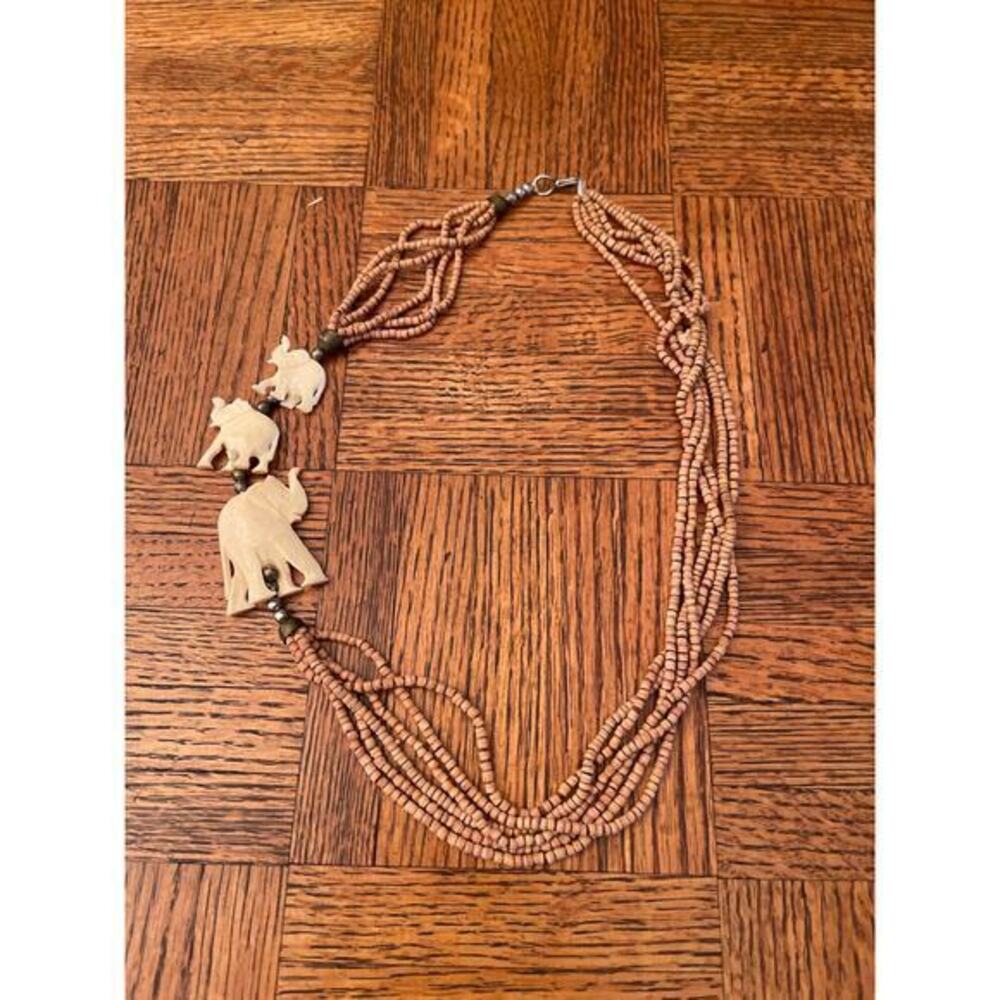 Vintage cork beaded elephant, charm necklace